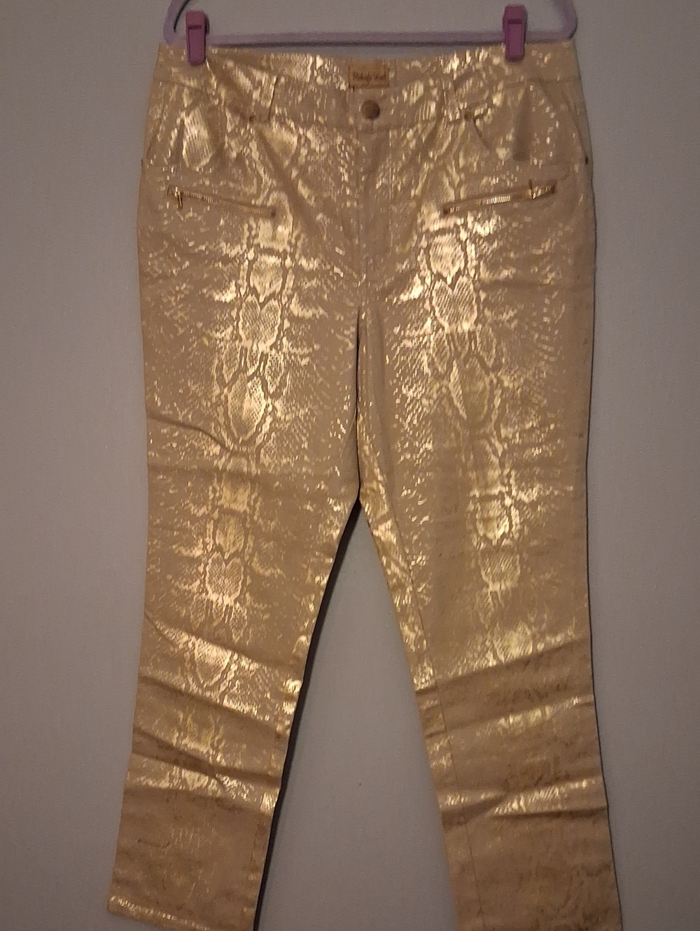 Midnight Velvet Taupe Pants with Gold Foil Accents And Front Zippers. NWOT